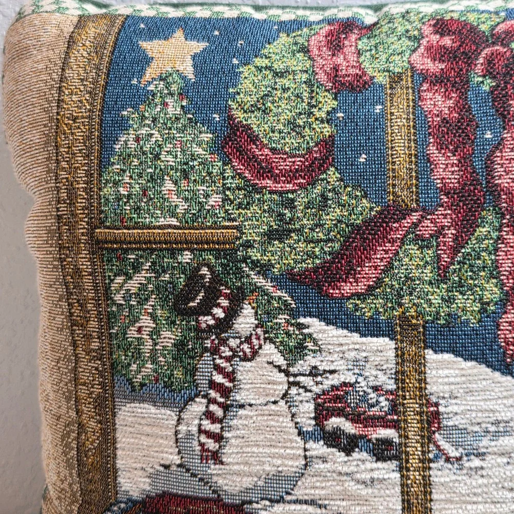 Vintage Cozy‎ Christmas Window Tapestry Throw Pillow Snowman Wreath Candle Scene